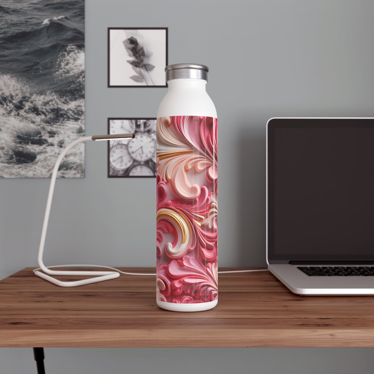Slim Water Bottle - Pink Marble Swirl Stainless Steel Bottle