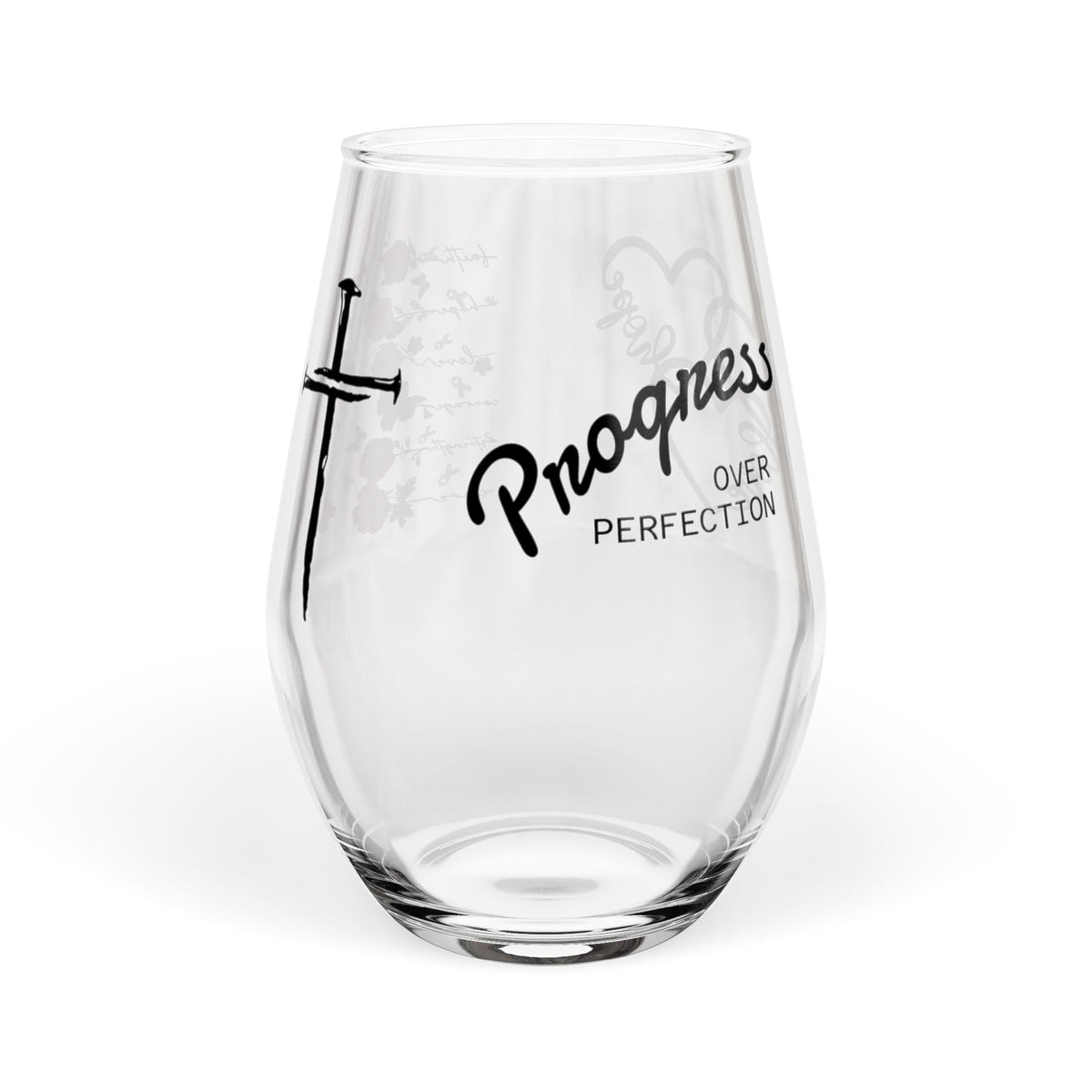 Stemless Wine Glass – 'Progress Over Perfection' Floral Sword Inspirational Wine Tumbler, 11.75 oz