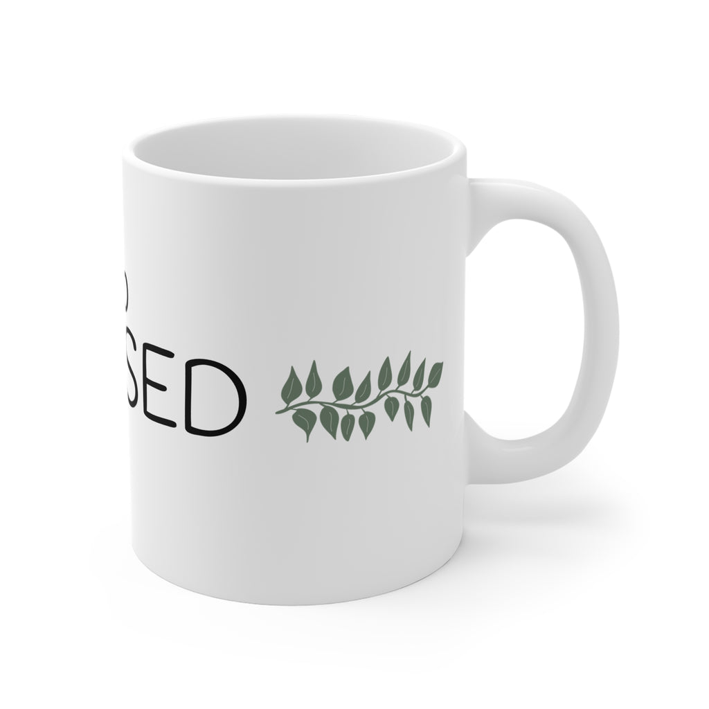 Too Blessed Ceramic Mug — 11oz Inspirational Coffee Cup with Leaf Accent