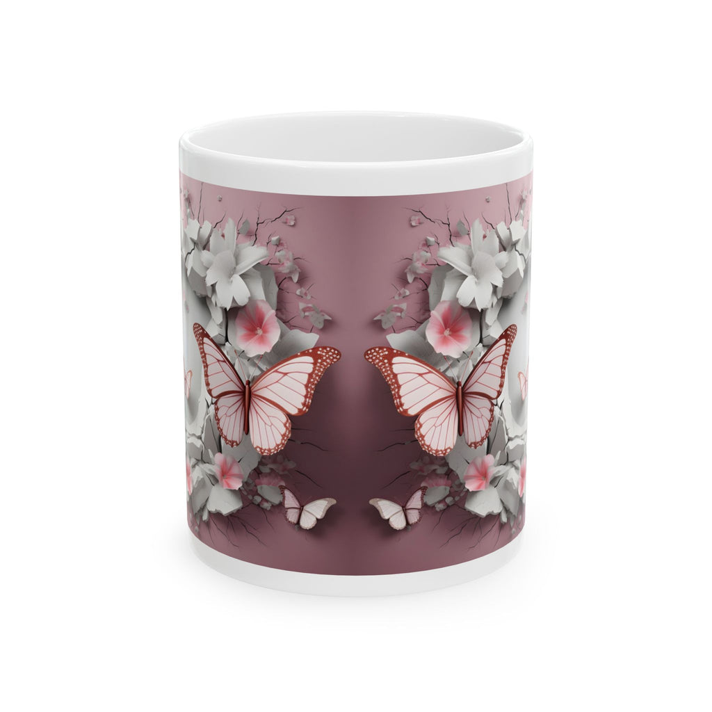 Butterfly Floral Ceramic Mug — Pink Garden Butterfly Coffee Cup (11oz & 15oz)