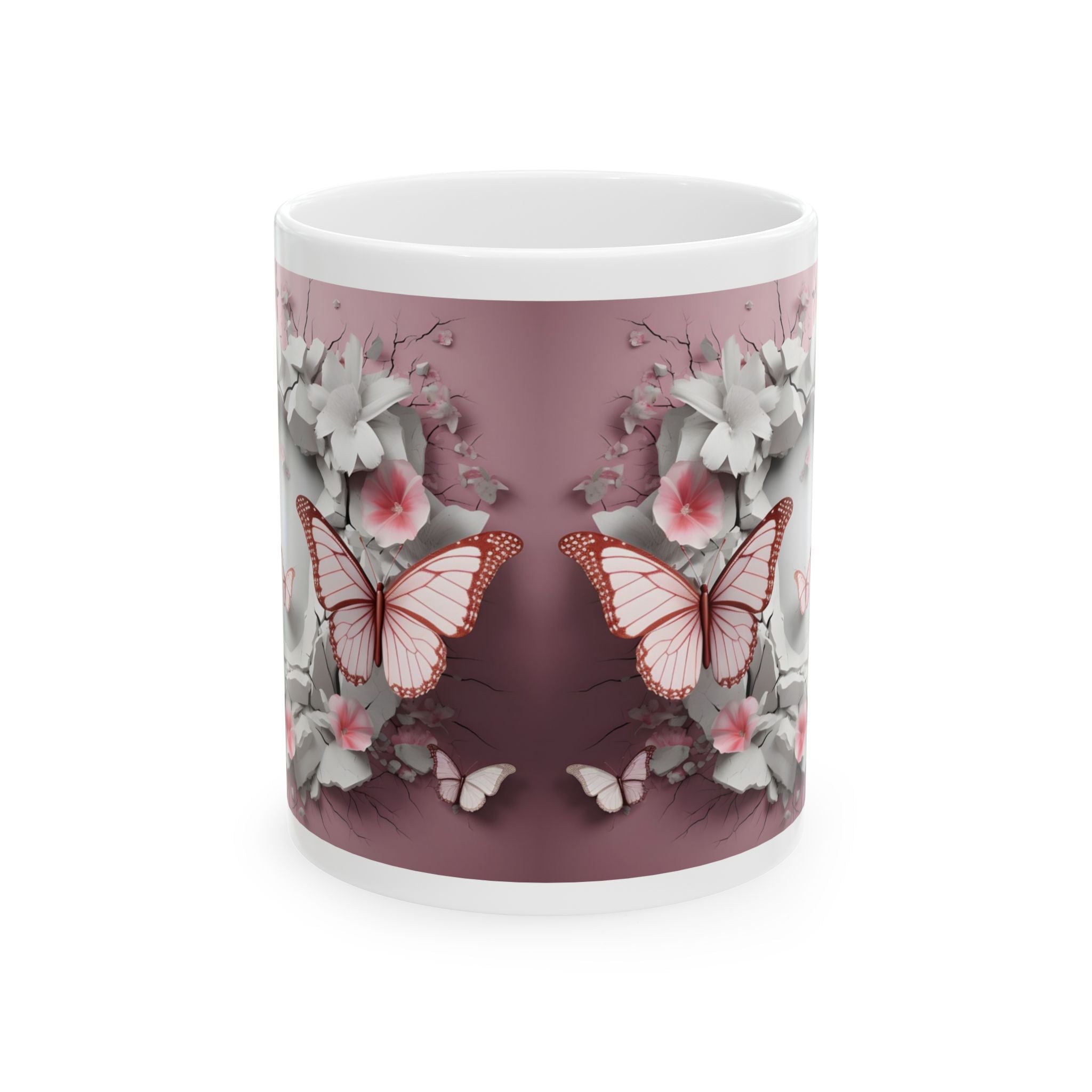 Butterfly Floral Ceramic Mug — Pink Garden Butterfly Coffee Cup (11oz & 15oz)