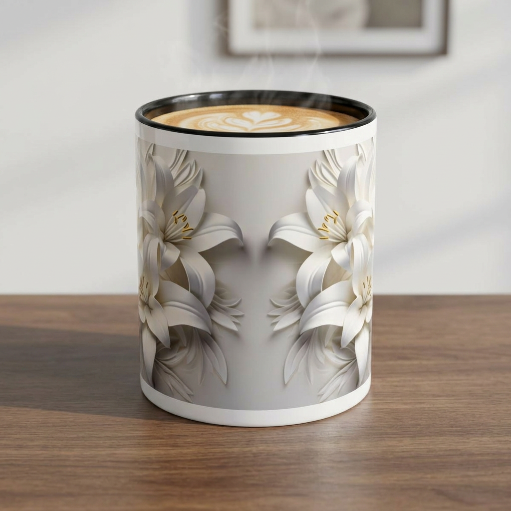 White Lily Accent Coffee Mug – Elegant Floral 11/15oz Ceramic