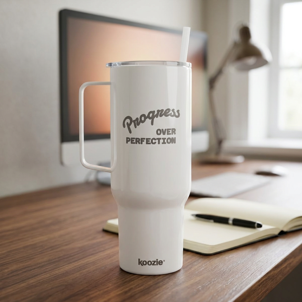 40oz Engraved Insulated Tumbler with Lid — "Progress Over Perfection" Travel Mug