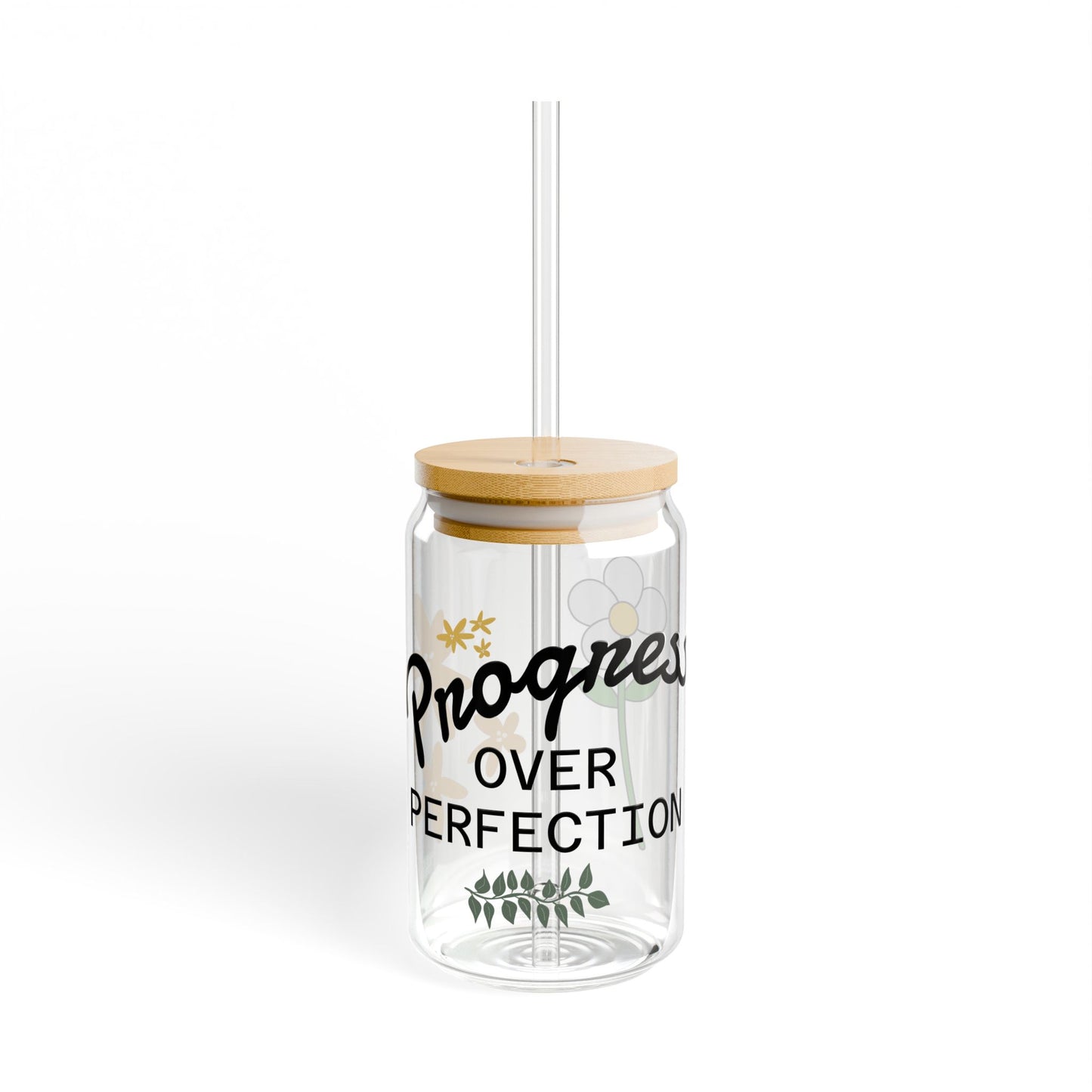 Progress Over Perfection Sipper Glass, Eco-Friendly 16oz Drinking Jar, Motivational Home Decor, Gift for Her, Inspirational Drinkware