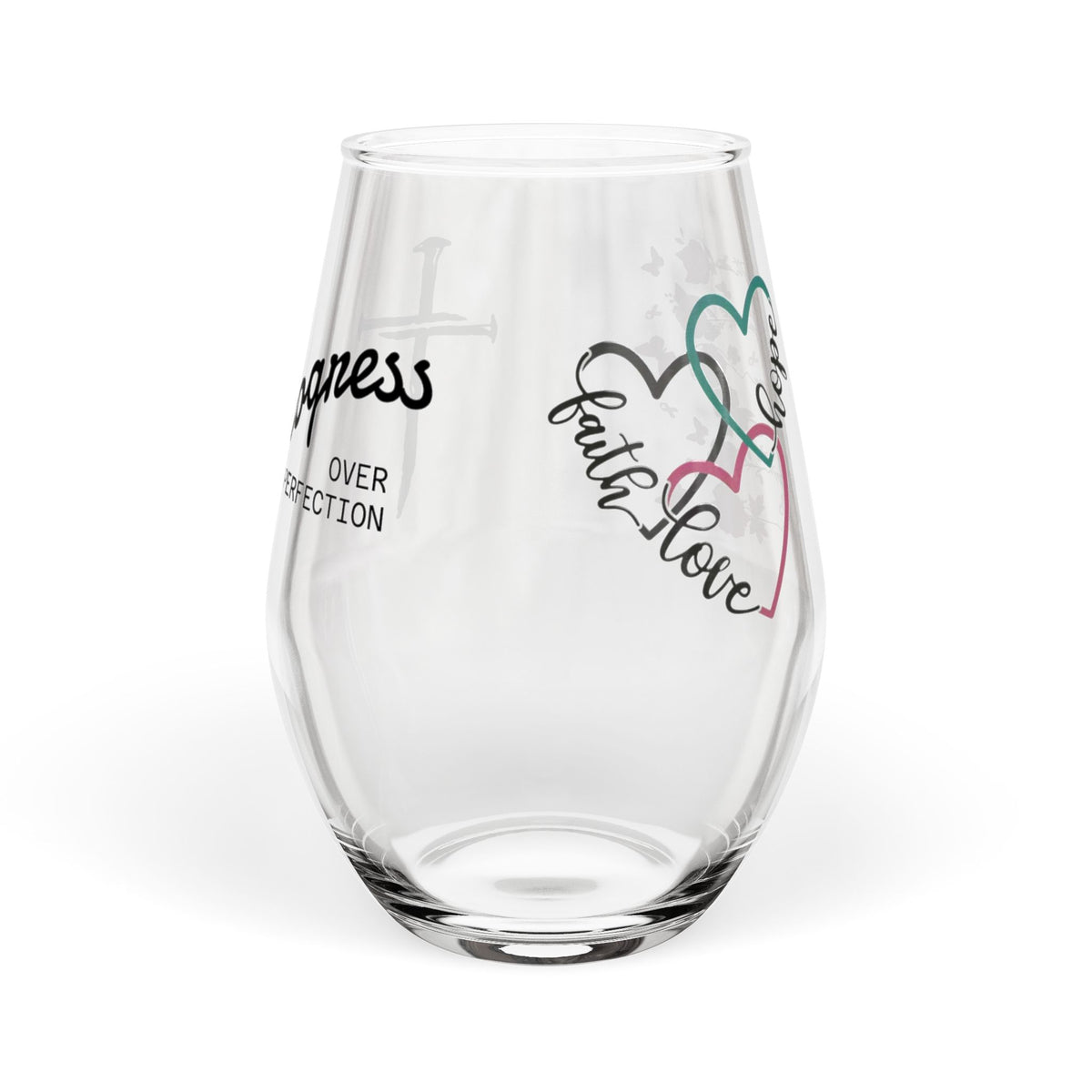 Stemless Wine Glass – 'Progress Over Perfection' Floral Sword Inspirational Wine Tumbler, 11.75 oz